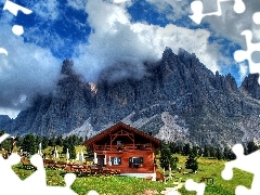 Restaurant, Mountains, viewes, Austria, trees, clouds