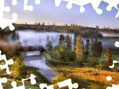 Fog, River, viewes, autumn, trees, bridge
