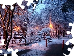 sun, trees, bench, luminosity, Przebijające, Park, viewes, winter, flash, ligh