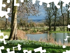 viewes, Boat, lake, trees, Spring