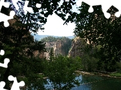 viewes, Pond - car, bridges, Bench, Mountains, trees