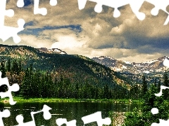 viewes, clouds, lake, trees, Mountains