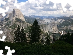 viewes, clouds, Mountains, trees, Stone