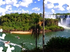 boats, waterfalls, viewes, clouds, trees, Iguazu