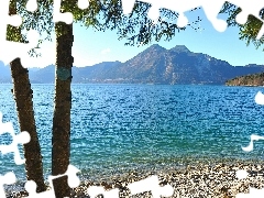 viewes, coast, lake, trees, Mountains