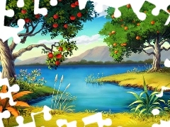 viewes, fruit, Mountains, trees, lake