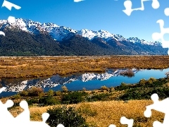 viewes, grass, water, trees, Mountains