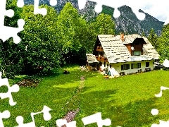 viewes, green, house, trees, Mountains
