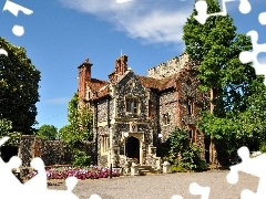 manor-house, trees, viewes, Flowers