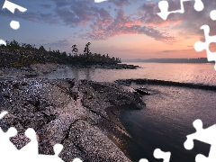 rocks, Lake Ladoga, viewes, Russia, trees, Sunrise