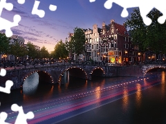 canal, bridge, light, trees, Houses, Amsterdam, Netherlands, viewes