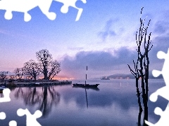 trees, Mountains, Dusk, Lodz, lake, viewes, light