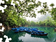 forest, boats, viewes, Mountains, trees, River