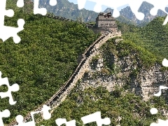 viewes, Mountains, Chinese, trees, wall