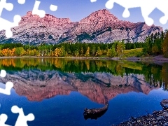 viewes, reflection, rocks, trees, lake