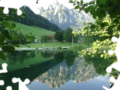 viewes, reflection, lake, trees, Mountains