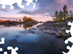 lake, Ladoga, rocks, trees, clouds, Karelia, Russia, viewes