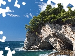 viewes, Rocks, clouds, trees, sea