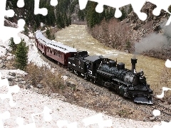 viewes, rocks, River, trees, Train