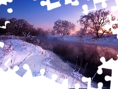 River, west, viewes, snow, trees, sun