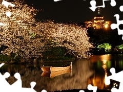 trees, Boat, Night, flourishing, lake, viewes, Spring