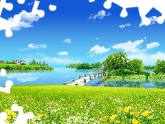 lake, Meadow, viewes, Spring, trees, bridges