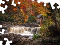 viewes, trees, River, cascade, forest, autumn, Stones, Windmill, rocks