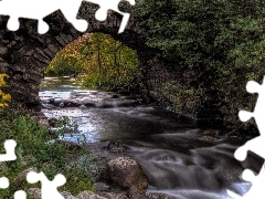 viewes, Stones, bridge, trees, River