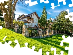 trees, house, Lawn, fence, lovely, viewes, summer