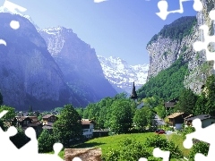 trees, waterfall, Lauterbrunnen, Houses, Mountains, viewes, Switzerland