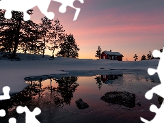 winter, Ringerike, trees, Vaeleren Lake, Norway, house, viewes