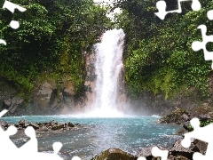 waterfall, trees, viewes, rocks