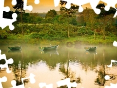 boats, lake, viewes, west, trees, Fog