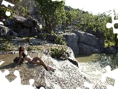 rocks, Women, viewes, Wietnam, trees, waterfall