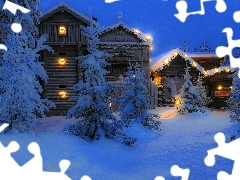 viewes, winter, Houses, trees, illuminated