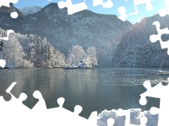 viewes, winter, lake, trees, Mountains