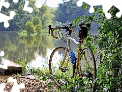 lakes, Bike, viewes, woods, trees, coast