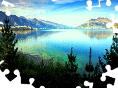 viewes, New Zeland, Mountains, trees, lake