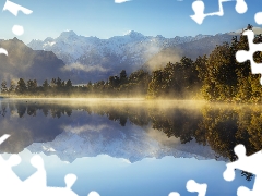 Southern Alps, Mountains, Mount Cook, trees, New Zeland, Mount Cook National Park, Matheson Lake, South Island, viewes