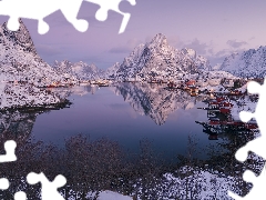winter, Lofoten, Reine Village, trees, Norwegian Sea, Norway, Moskenesoya Island, viewes, Houses, Mountains