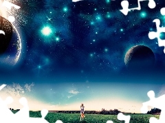 walking, girl, star, Planets, Sky