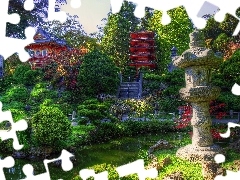 container, Garden, Flower-beds, Alleys, japanese, water, Houses