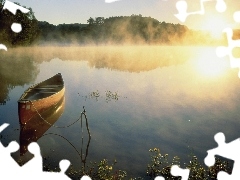 lake, sun, Boat, forest, west, water, Fog