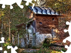 Windmill, slope, water, forest, flash, luminosity, ligh, sun, Przebijające