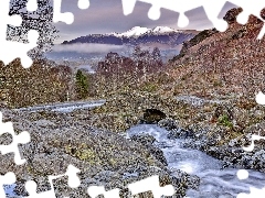 Mountains, Cascades, water, rocks