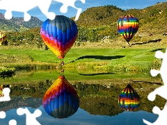 water, reflection, color, Balloons, Mountains