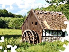 water, ruin, Meadow, Windmill, forest