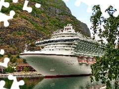 Ship, Mountains, water, passenger