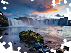 rocks, River, waterfall, clouds, flash, luminosity, ligh, sun, Przebijające