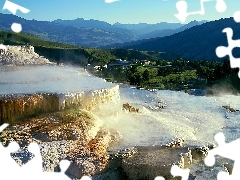 waterfall, Mountains, River